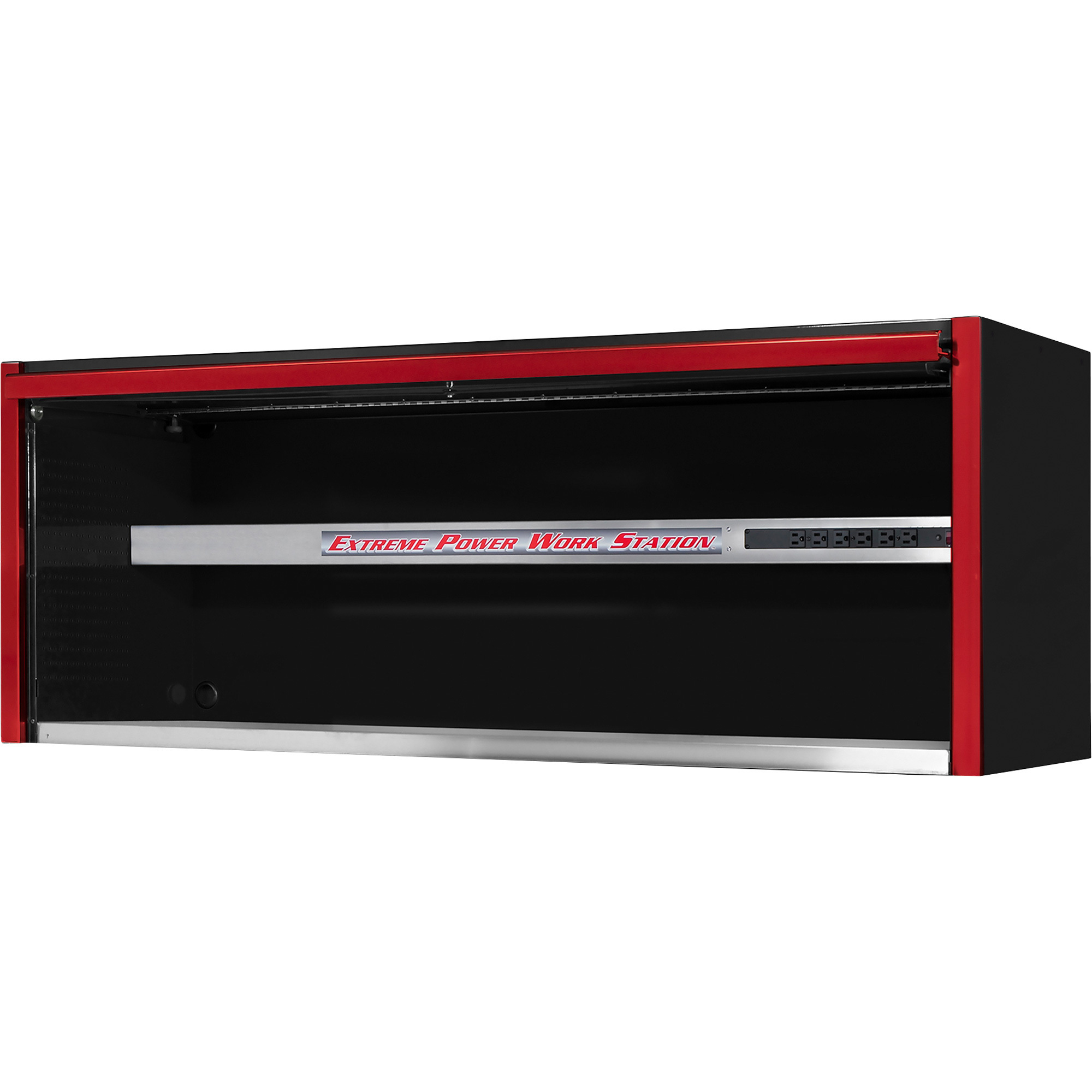Extreme Tools Power Workstation Hutch - 72in.W x 30in.D, Black/Red, Stainless Steel Work Surface, Adjustable Shelf, Built-In Power Strip, Model# EX7201HCQBKRD